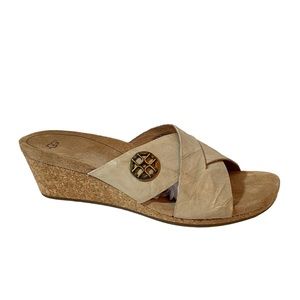 UGG | Lyra - Leather Slide Sandals w/ Cork wrapped wedge heel. Size 9 EUC